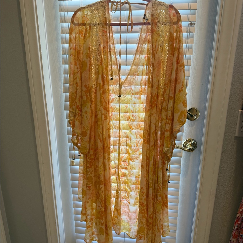 Free People Yellow Orange Floral Sheer Swim Coverup